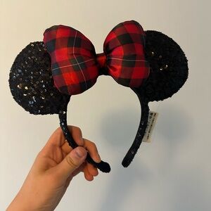 Authentic Disney Sequin Minnie Ears w puffy plaid bow